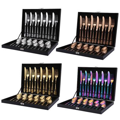 China Sustainable Stainless Steel Metal Cutlery Set Silver Luxury 24pcs Flatware Set With Cutlery Box for sale