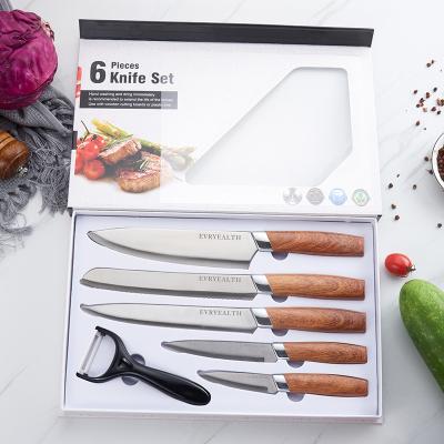 China New Arrival Viable Factory In Stock 6 Pcs Grain Handle Kitchen Knife Set Wooden Knife Set Wooden Handle Knives With Gift Box for sale