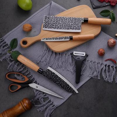 China Sustainable Beech Wood Handle 5pcs Professional Kitchen Knives Set Hand Forged Cleaver Knife Curving Chef Knife For Home And Kitchen for sale