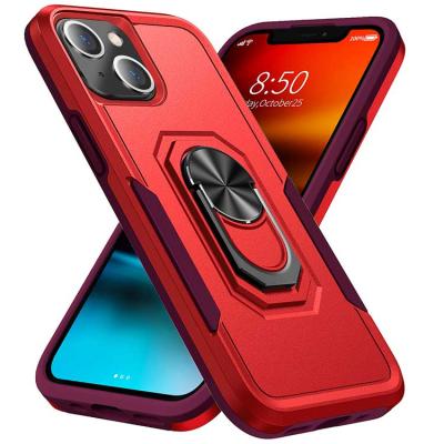 China Protect Armor Rugged 2 cell phone in 1 hybrid magnetic car mount phone case; Mobile Kickstand Cover for iPhone 13 Finger Ring Case for sale