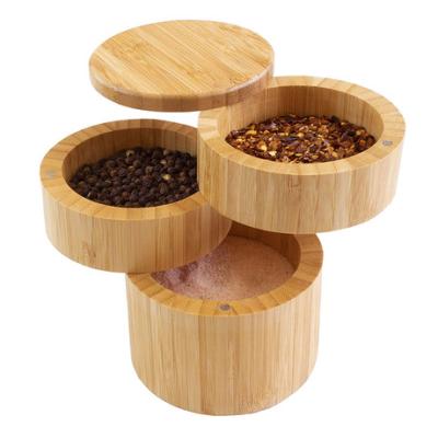 China Sustainable three-layer bamboo seasoning jar, three-layer seasoning mini shelf, bamboo seasoning salt box for sale