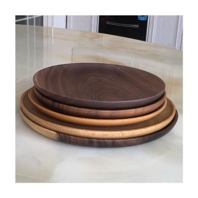 China Sustainable Wooden Serving Veneer Rubber Wood Round Serving Tray Dessert Snack Salad Wooden Tray For Hotel for sale