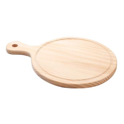 China Restaurant Sustainable Solid Pine Wood Round Shaped Pizza Skin Cheese Serving Cutting Board With Handle for sale