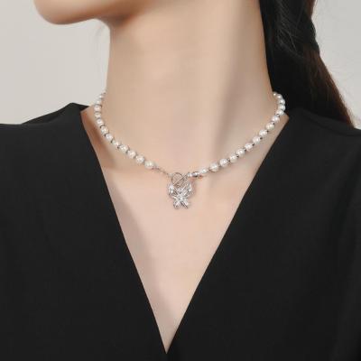 China 2022 Fashionable Silver Butterfly Stainless Steel Pendant Design Real Natural Freshwater Jewelry Pearl Chain Necklace Woman for sale