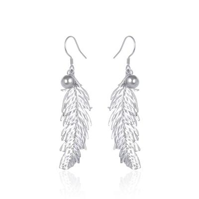 China Vintage Statement Jewelry Luxury Women's Sparkly Bohemian Silver Feather 925 Pearl Drop Earrings Elegant for sale