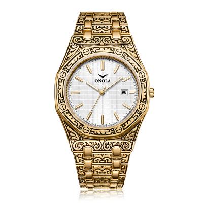 China Luxury Golden Day/Date Onola Casual Wristwatches Business Watches 2020 New Brand Gold Engraved Men's Hot Sale Vintage Cut Glass Masculine for sale