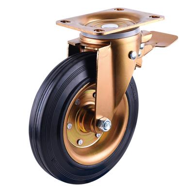 China PIVOT 8 inch total color gold steel core brake waste bin caster with black rubber wheel for sale