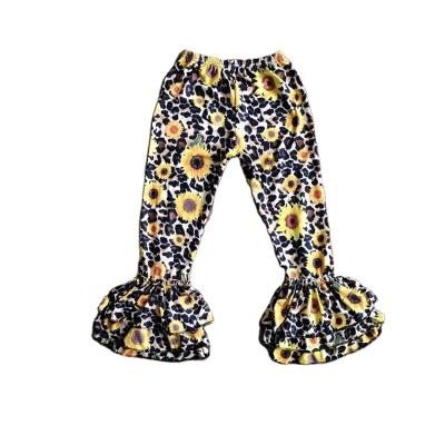 China Boutique rts babies casual pants long ruffles sunflower pattern leopard print pants girls pants wholesale for sale