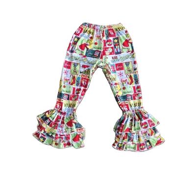 China Children's casual boutique fashion long ruffle pants fall cartoon printing red color Christmas party trimming kids trousers for sale