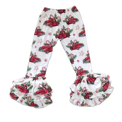 China Fashion children's boutique clothing ruffle casual pants long drops truck printing red color Christmas party evening kids trousers for sale