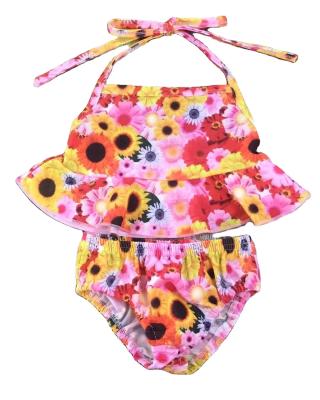 China Boutique kids swimsuit RTS sunflower summer print for kids boutique girls or wholesale baby swimsuit sets for sale