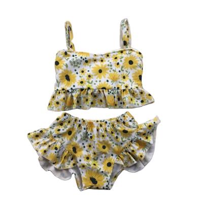 China Chrysanthemum yellow color print casual clothing boutique wholesales children's girl's characteristic swimsuit for sale