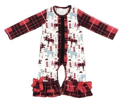 China Kids Clothing Deer And Tree Cartoon Print Color Dark Red Christmas Cute Casual Kids Rompers for sale