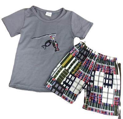 China Wholesales Kids Clothing Boutique Casual Cute Fish Printing Gray Color Plaid Shorts Kids Boy Outfits for sale