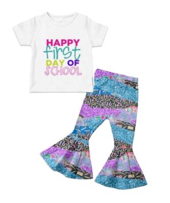 China New Style School Day Summer Kids Happy Teens Clothing T-shirt Tops And Bells Pants Wholesale Boutique Customized Clothing Sets for sale