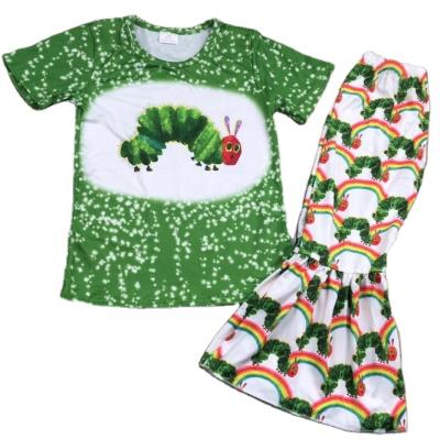 China RTS Kids Casual Outfits Shop Wholesale Flyer Print Green Color Shorts Sleeve Bell Pants Cool Girl Outfits for sale