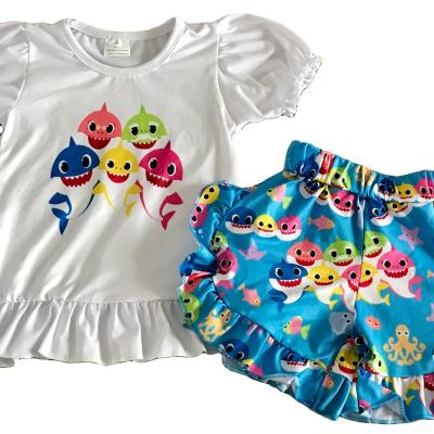 China RTS Newborn Casual Baby Clothing Tops And Pants Sets Cute Cartoon Printing White Shark Color Kids Girl Outfits for sale