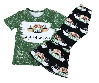 China Boutique summer girls clothing set short green outfit girls friends pants wholesale bell sleeve set for sale