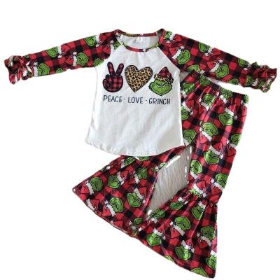 China Casual RTS Kids Clothing Set Wholesales Boutique Christmas Peace And Love Print Autumn Kid Long Sleeve With Panty Set for sale