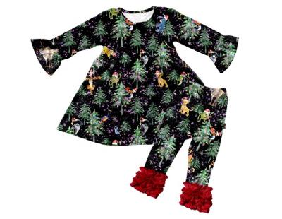 China Hot Popular Fashion Casual Custom Kids Outfits Christmas Trees Print Merry Christmas Long Sleeve And Ruffle Pants Kids Sets for sale