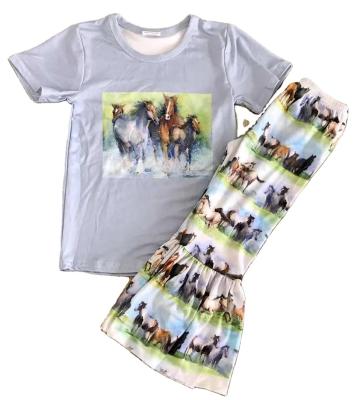 China Gray horse print fashion summer children's casual clothes set lovely girl's summer outfit ready to ship girl's set for sale