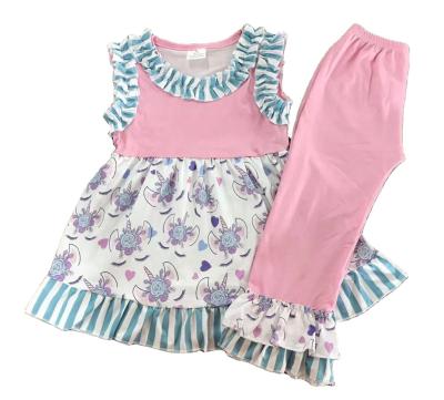 China Wholesale Boutique Baby Clothing Summer Unicorn Print Girl Clothes Ruffles Sets for sale