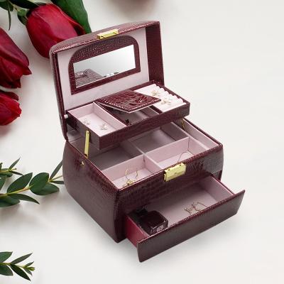 China Folding Leather Auto Open Luxury Portable Mirror Travel Jewelry Storage Box Leather Jewelry Box for sale