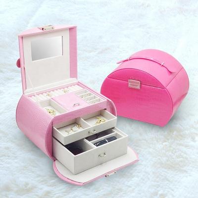 China Luxury Leather Travel Jewelry Storage Box Multi-Layer Portable Folding Leather Jewelry Box With Mirror for sale