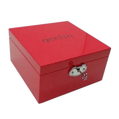 China Recycled Materials Personalized Square High Gloss Piano Red Lacquered Small Wooden Sublimation Storage Jewelry Boxes for sale