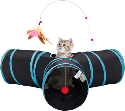 China Hot Sale 3 Channel Collapsible Pet Stocked Cat Tunnel Tube Pet Toy With Ball Cat Training Playing Plush Tunnel for sale