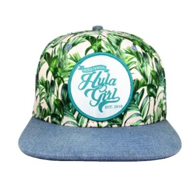 China breathable & Waterproof 6 Panel Snapback Hats Patch Custom Embroidery Hawaii Floral Printing Flat Brim Hat for sale