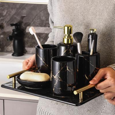 China Sustainable Sustainable Bathroom Accessories Ceramic Seven-Piece Suit Set Cup Tooth-brushing Press Emulsion Bottle Sets / Black for sale