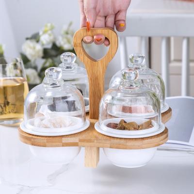 China Freshness Preserving Freshness Keeping Clinking Bread Bowl Hotel Salad Ice Cream Bowl Cup Ceramic Dessert Dish with Bamboo Frame and Glass Cover for sale