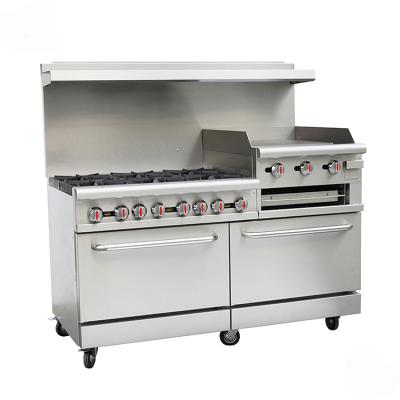 China Retail Kitchen Equipment Gas Range 6 Burners Cooker with Double Oven and Gas Griddle and Gas Salamander RGR60-GS24 for sale