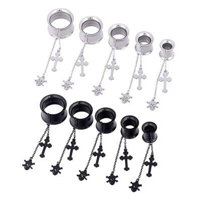 China 10Pairs/Set TRENDY Steel Cross Earrings Drop Dangle Plugs Ear Flesh Tunnels Skull Piercing Dangling Ear Gauges Women Men Punk Jewelry for sale