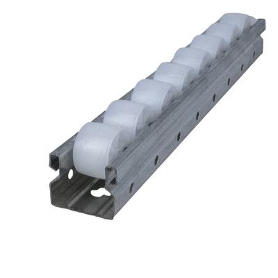 China Building Material Shops Galvanized Metal Bracket Roller Track With Plastic Wheel For Sliding Shelf System Connection With Conveyor for sale