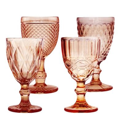 China Machine Pressed Glass Goblet Rose Pink Goblets Vintage Diamond Used Wedding Party Machine Pressed Colored Goblets Engraved Goblet for sale