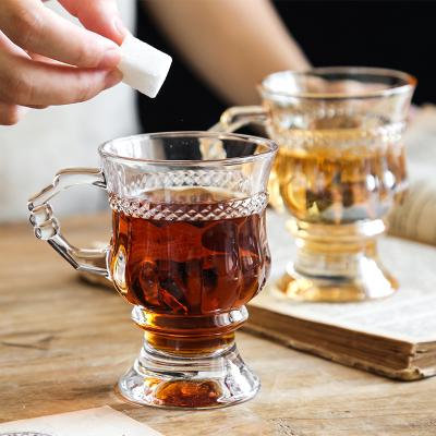 China Sustainable Retro Antique Embossed Transparent Glass Handheld Cup Glass Milk Mug Tea Cup for sale