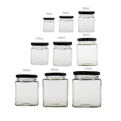 China Freshness Preservation 45ml 60ml 85ml 100ml 180ml 250ml 380ml 500ml 730ml square glass jam spice jar with metal lid for sale