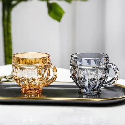 China Retro viable French amber embossed glass with handle INS style small water cup coffee mug milk tea cup beverage cup for sale