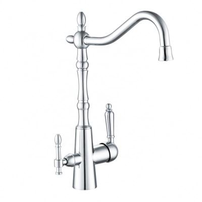 China Modern Brass Brushed Nickel Tri-Flow Double Handles 3 Way Kitchen Faucet With Special L Aerator for sale