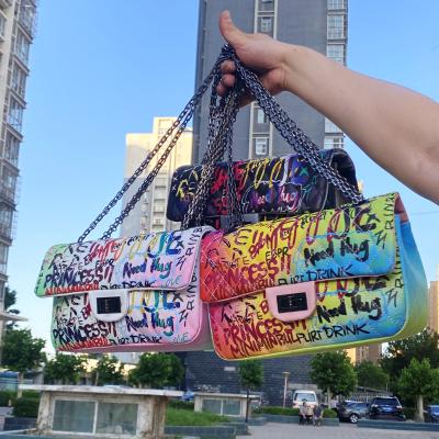 China Graffiti Design/CIO Hot Selling Colorful Art Printed Princess Pure Rainbow Fashion Women Crossbody/Jelly Chain Bag Bag Graffiti Handbags for sale