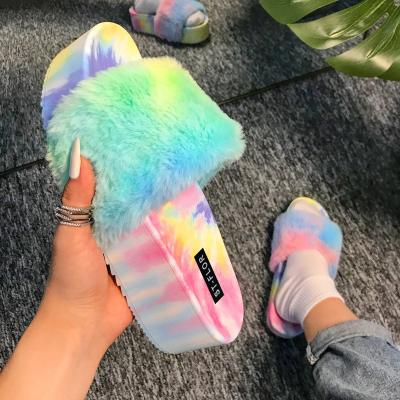 China Fashion Trend Women's Faux Fur Slide Slip On Furry Slippers Super Warm Women Sandals Slipper Platform Sandal Shoe en venta