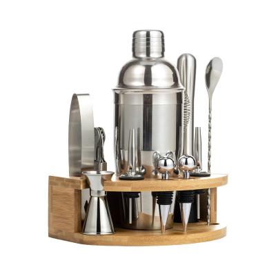 China Professional Bartender Kit Factory Directly 12 Pcs Shaker Cocktail Set Engraved Cocktail Shaker Set With Stand Kit Elegant Bamboo Bartender Professional à venda