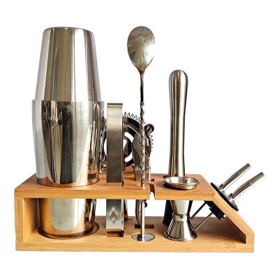 중국 Professional Bartender Choice Factory Directly 10 Pcs Cocktail Shaker Set Stainless Steel With Stand Elegant Bamboo Bartender Kit Profession Boston Shaker Kit 판매용