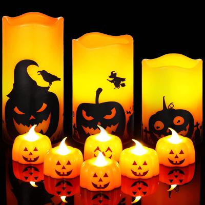 China Halloween Flameless Wax Battery Operated Candles LED Decals Various Pumpkin Shaped Candles for sale