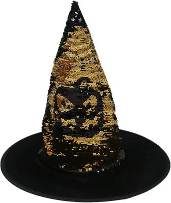 China Fancy Ghost Halloween Black Striped Gold Flip Sequin Halloween Party Hat for sale