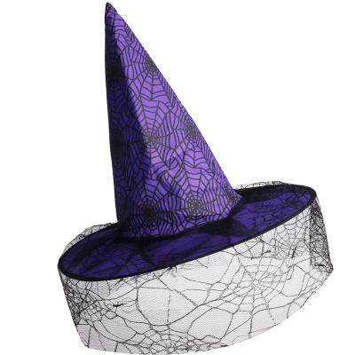 China 2021 Halloween Striped Adult Witch Hat With Soft Purple Mesh Veil Party Costume Accessory Witch Hat for sale