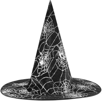 China Black Magic Pattern Striped Veil Spider Party Decoration Wizard Halloween Witch Hat for sale