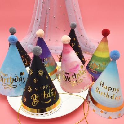 China Shiny Fur Ball Birthday Hat Craft Kids Birthday Hat Kids Boys Girls Party Hat Paper for sale